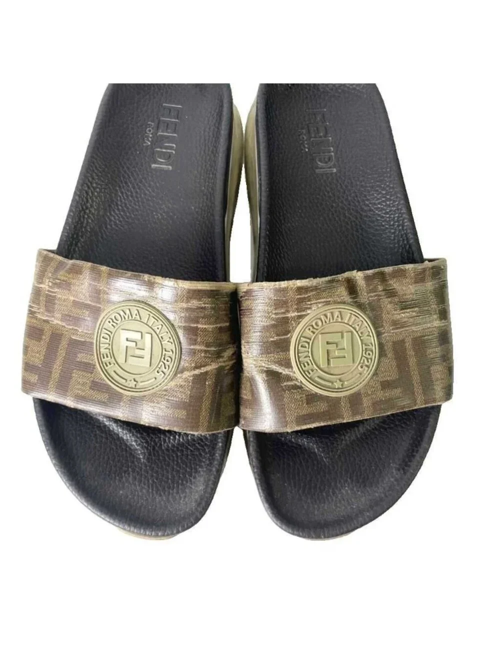 Fendi Slide Sandals Lava Logo Zucca Pattern 8 Brown